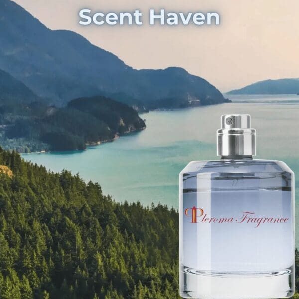 Ocean view from mountain with rare bottle of perfume.