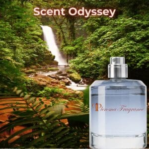 Waterfall in forest with vintage fragrance bottle.