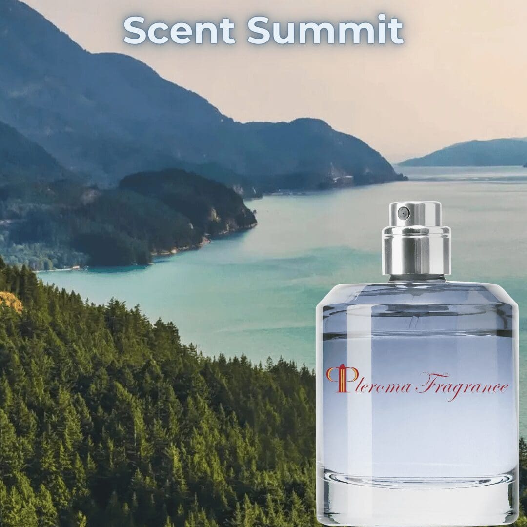 Ocean view from mountain with rare fragrance bottle.