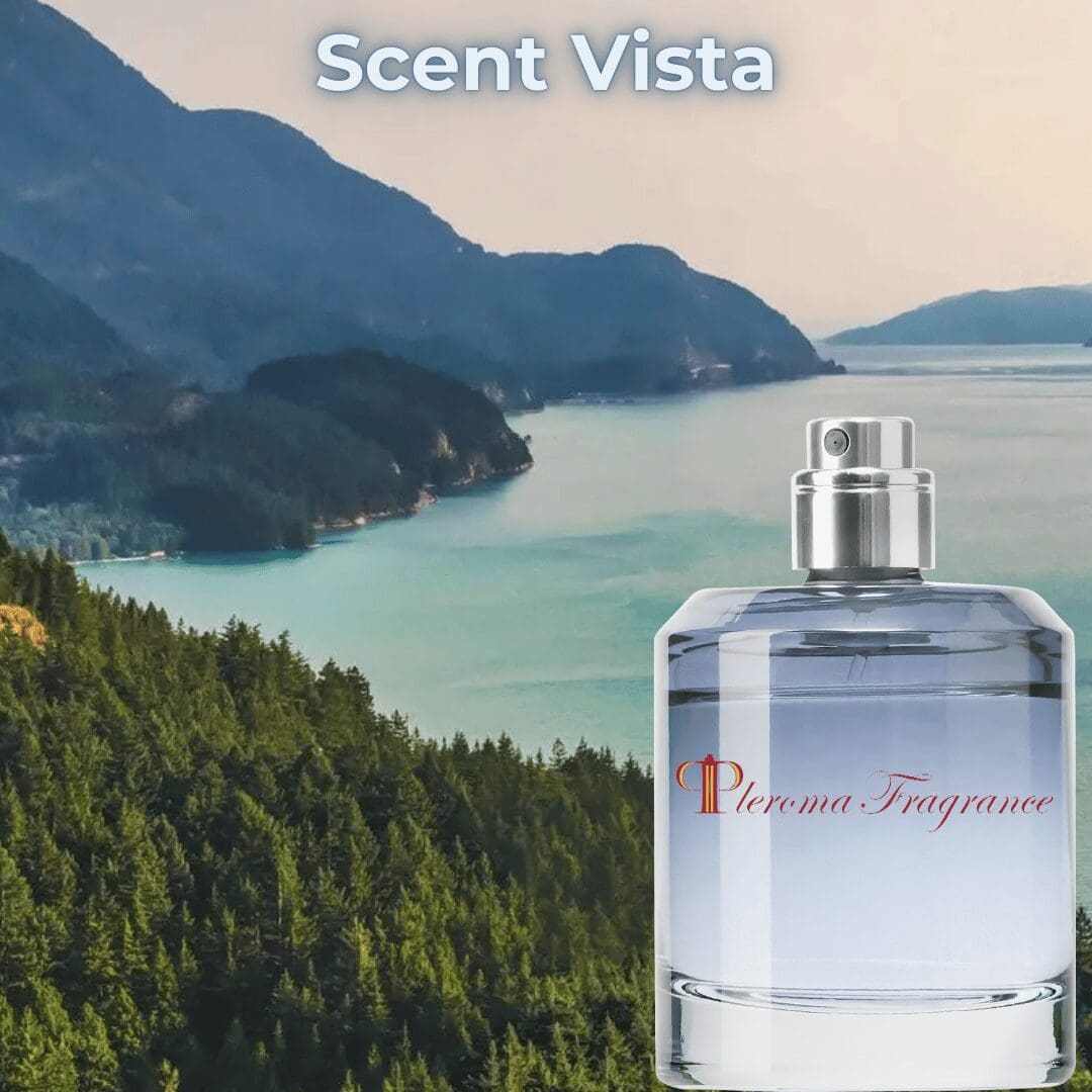 Ocean view from mountain with rare bottle of cologne.