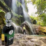 A bottle of wine is in front of a waterfall.