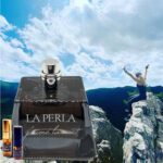 A bottle of la perla perfume on top of a mountain.