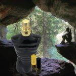 A bottle of perfume sitting in the middle of a cave.