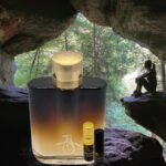 A bottle of perfume sitting in the middle of a cave.