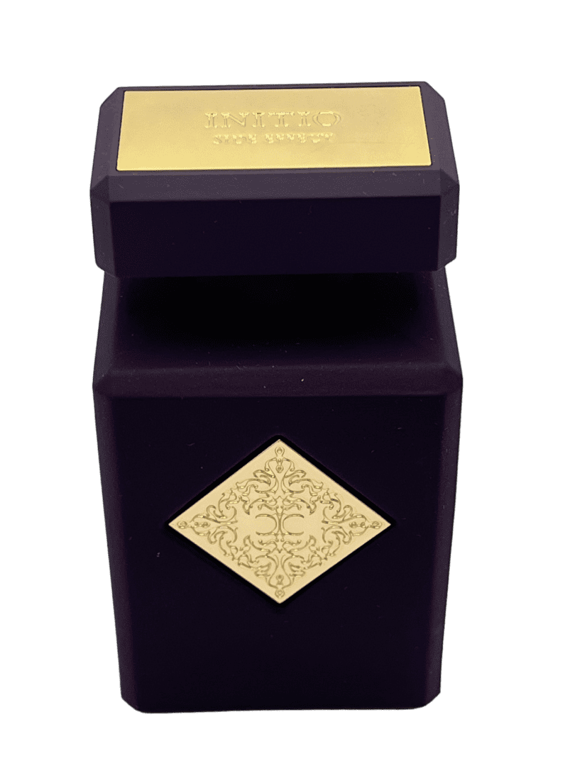 A black box with gold trim and a square shaped lid.