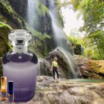 A person standing in front of a waterfall with a bottle.