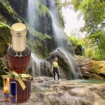 A person standing in front of a waterfall with a bottle.