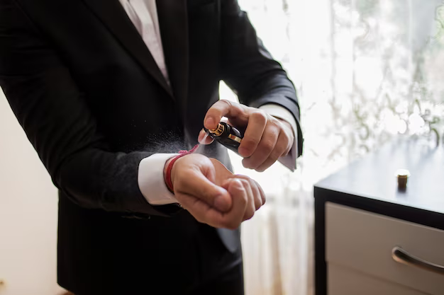 A man in a suit and tie holding spraying cologne.