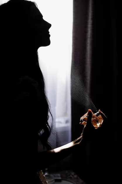 A person holding onto a bottle of perfume