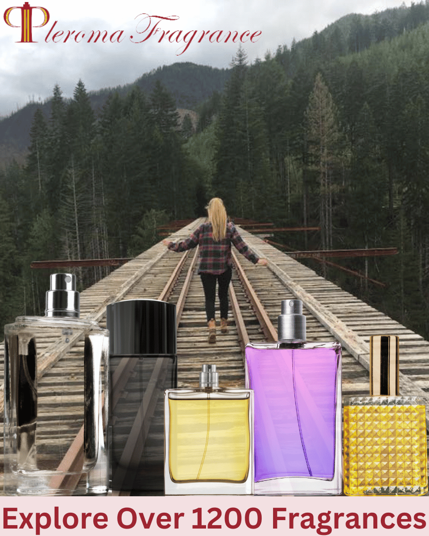 Woman walking on railroad track in forest with fragrance bottles in the front