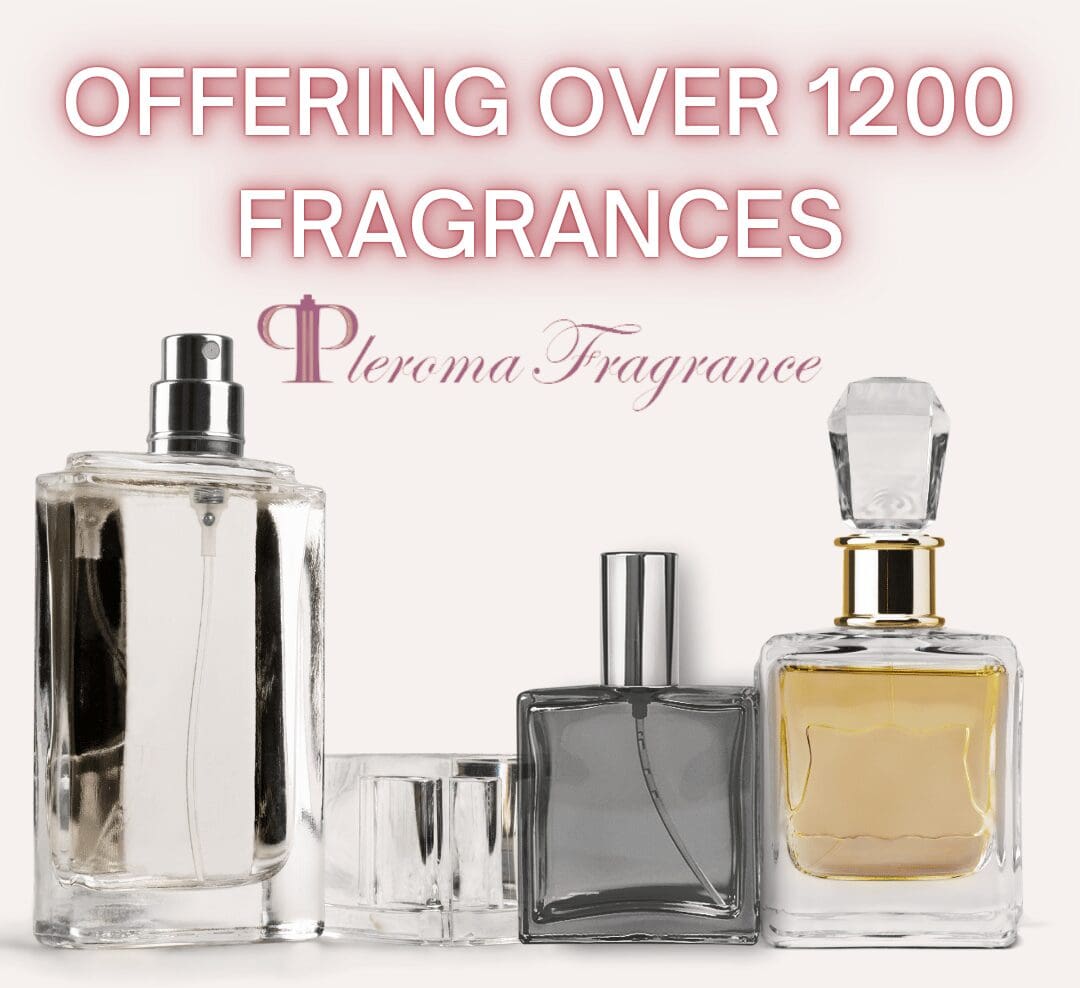 Bottles of perfume and cologne with text offer