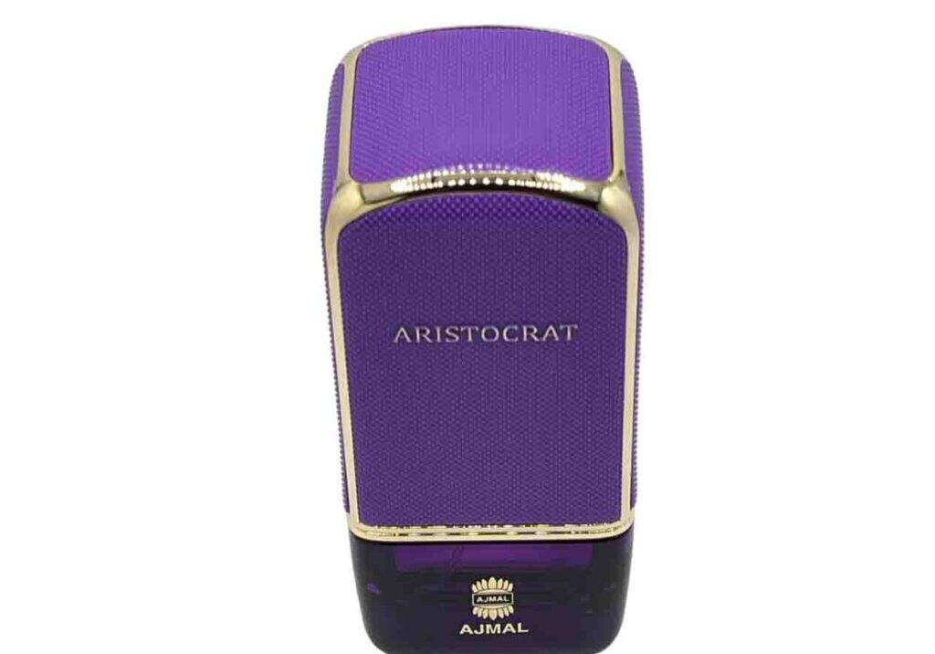 A purple and black box with gold trim