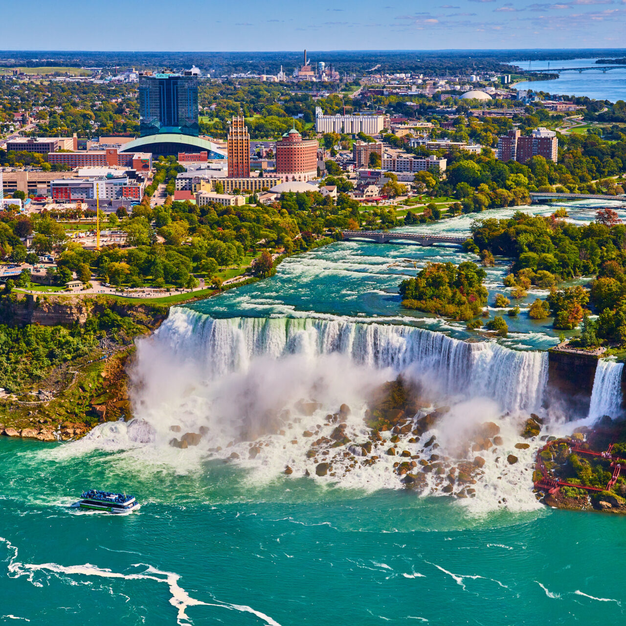 A view of the niagara falls from above.